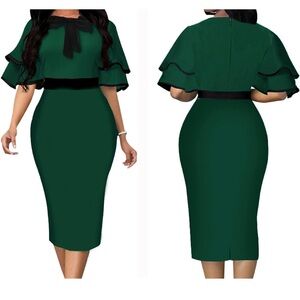 Elegant Green Midi Dress with Black Bow